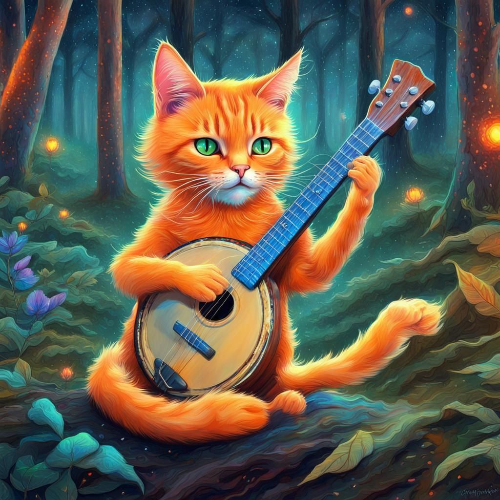 Orange Cat Plays Banjo: Holographic Astral Illustration