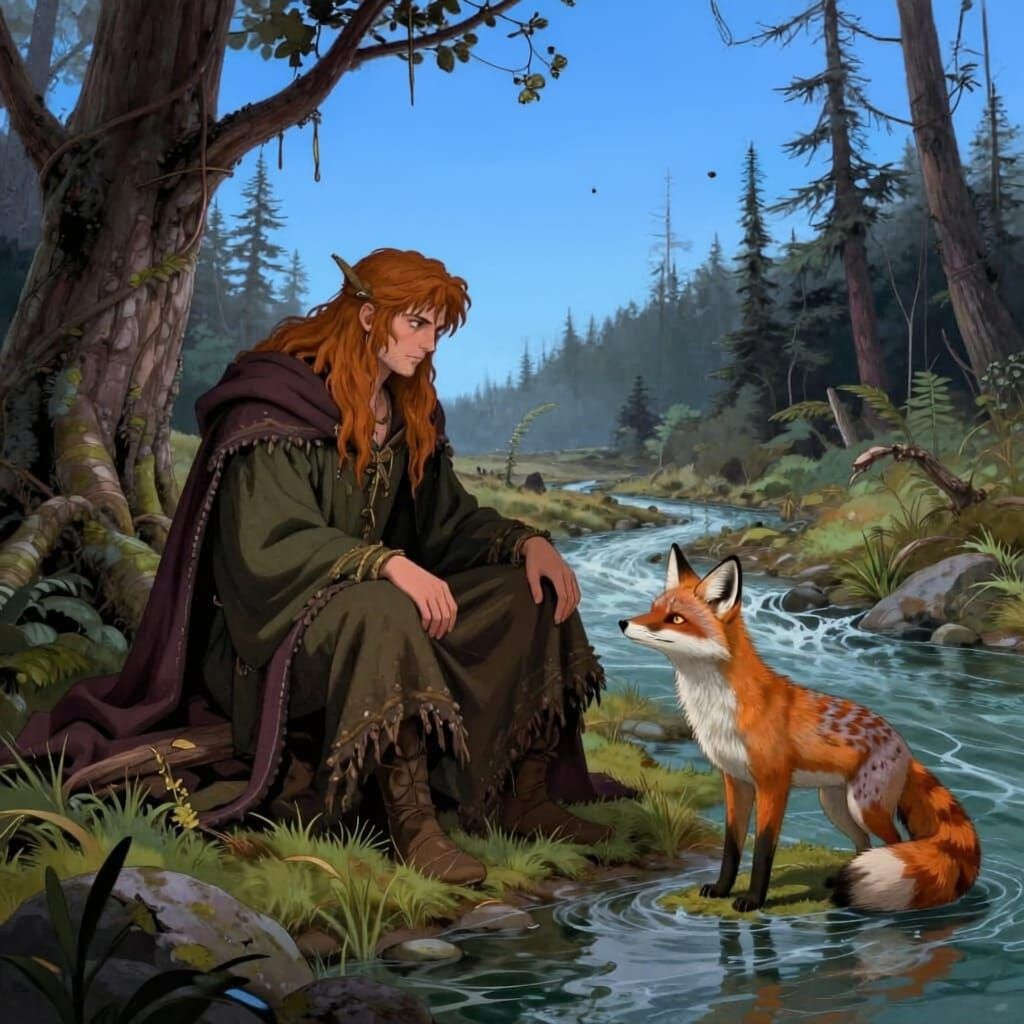 Loxodon Druid Converses with Fox in Forest