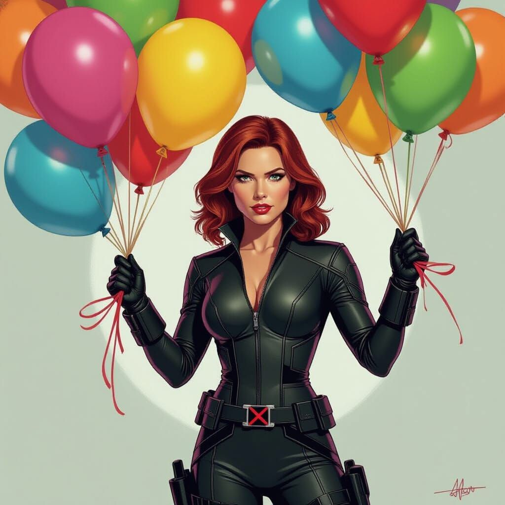 Black Widow and Birthday Balloons in Comic Book Art Style