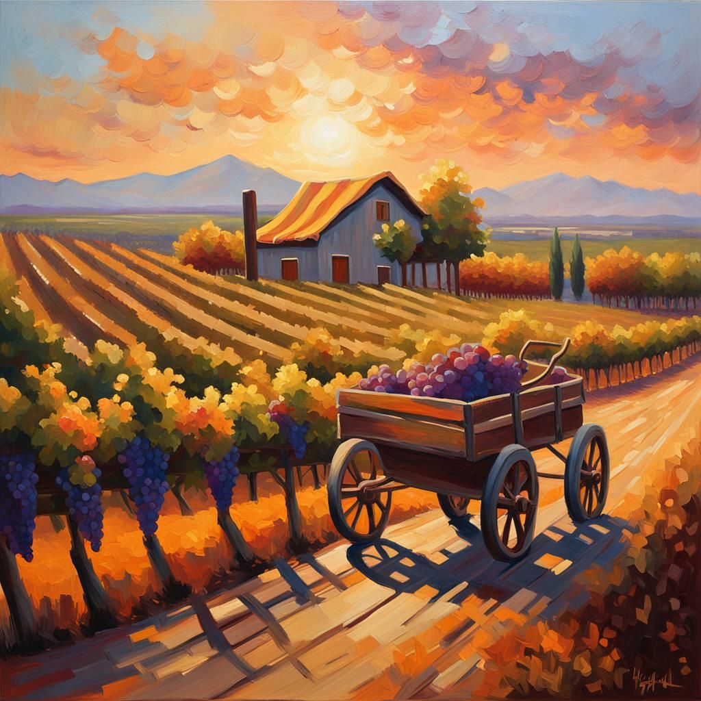 Impressionist Vineyard Landscape at Sunset