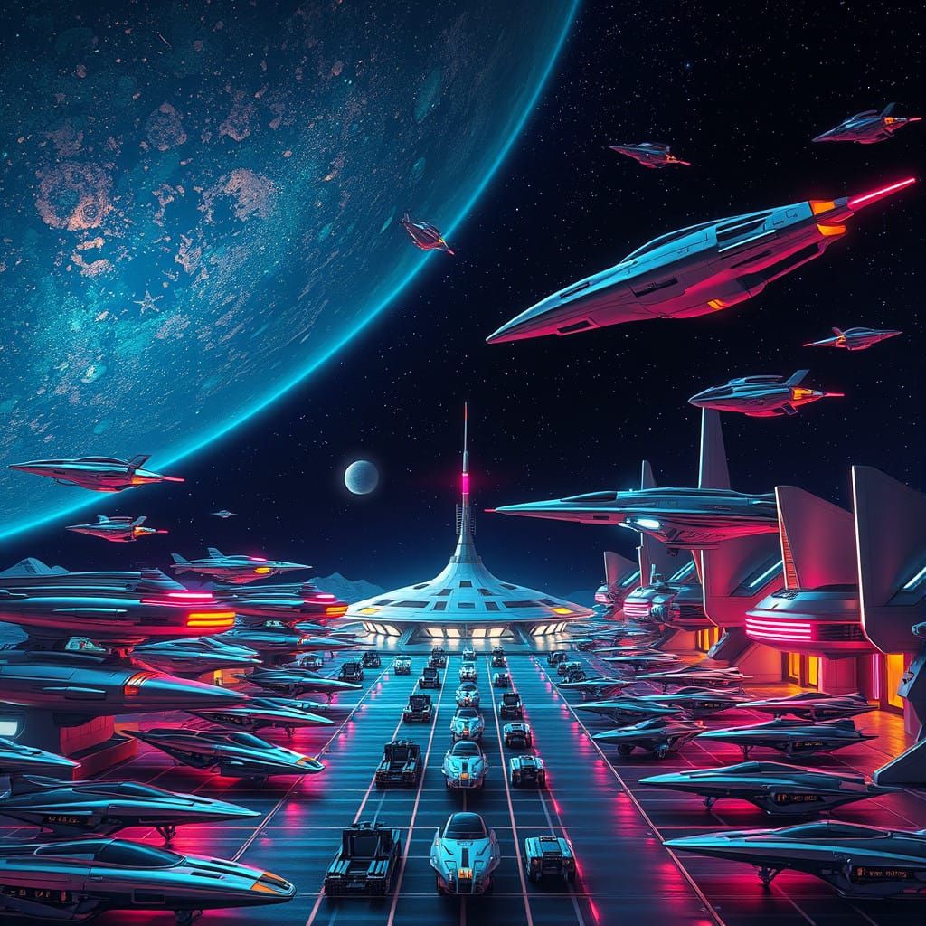 Surreal Futuristic Parking Lot Amidst Cosmic Night Sky