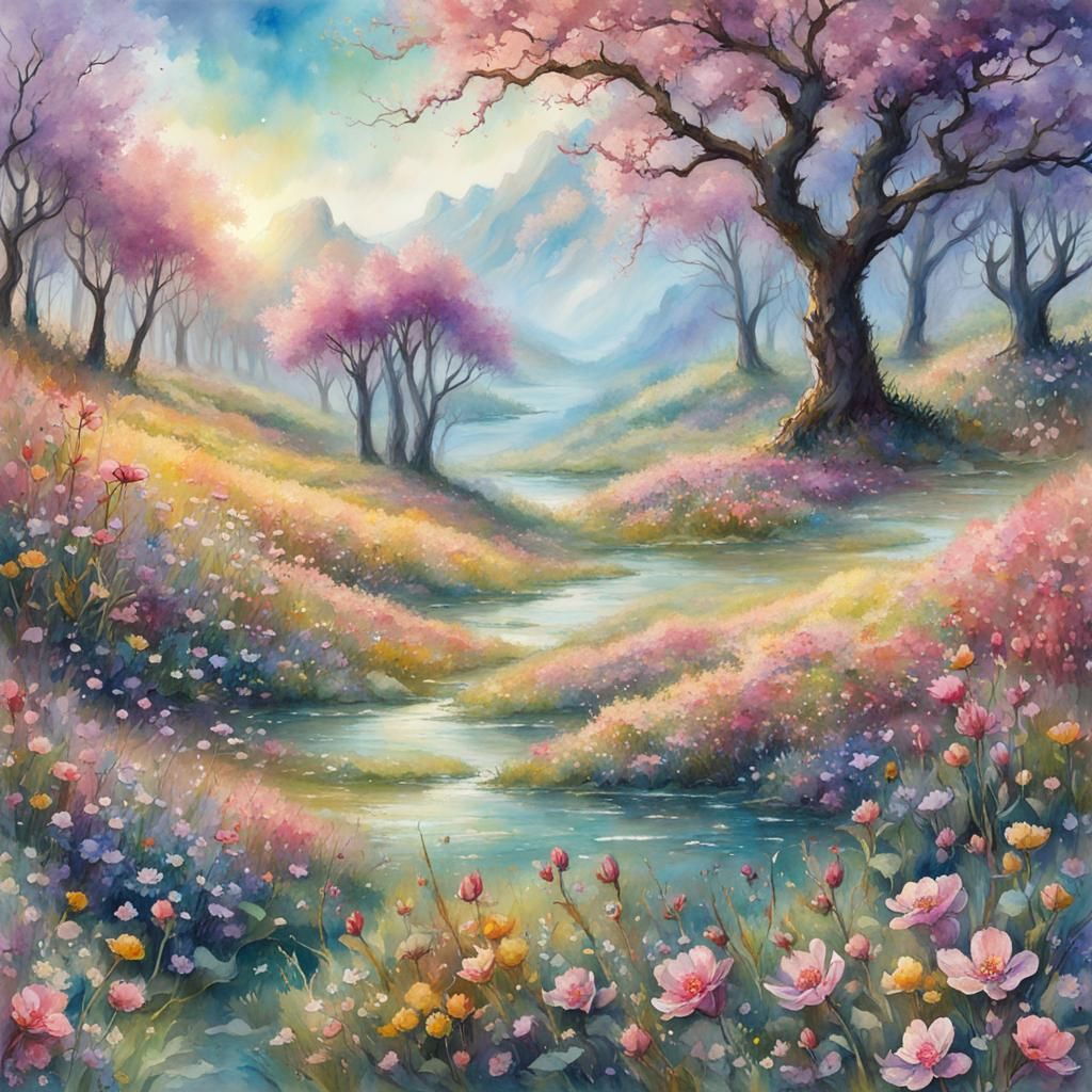 Fairytale Spring Wildflowers in Splashy Watercolour