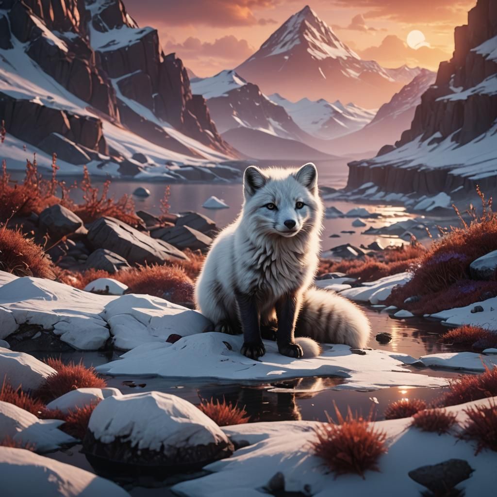 Arctic Fox Cub in a Detailed Fantasy Sunset