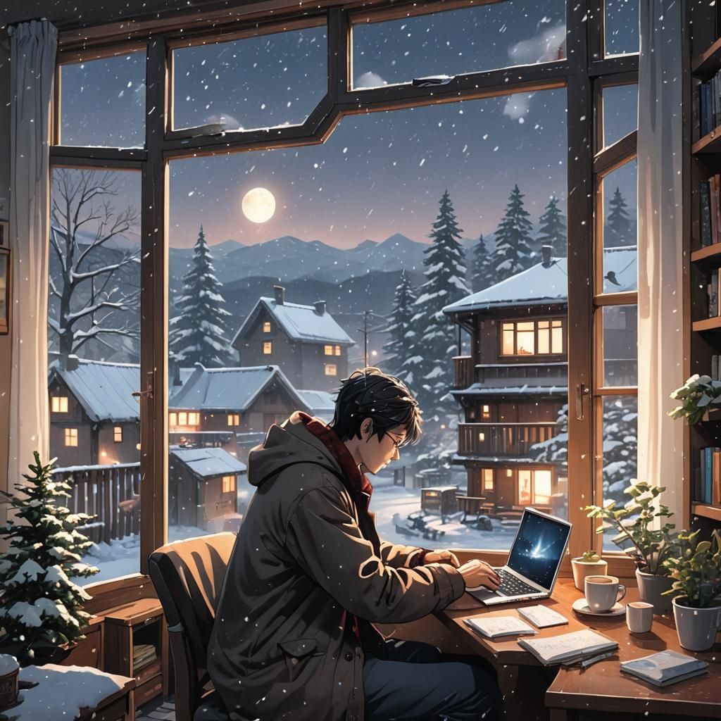 Man Working on Laptop, Snowy Day Anime Art