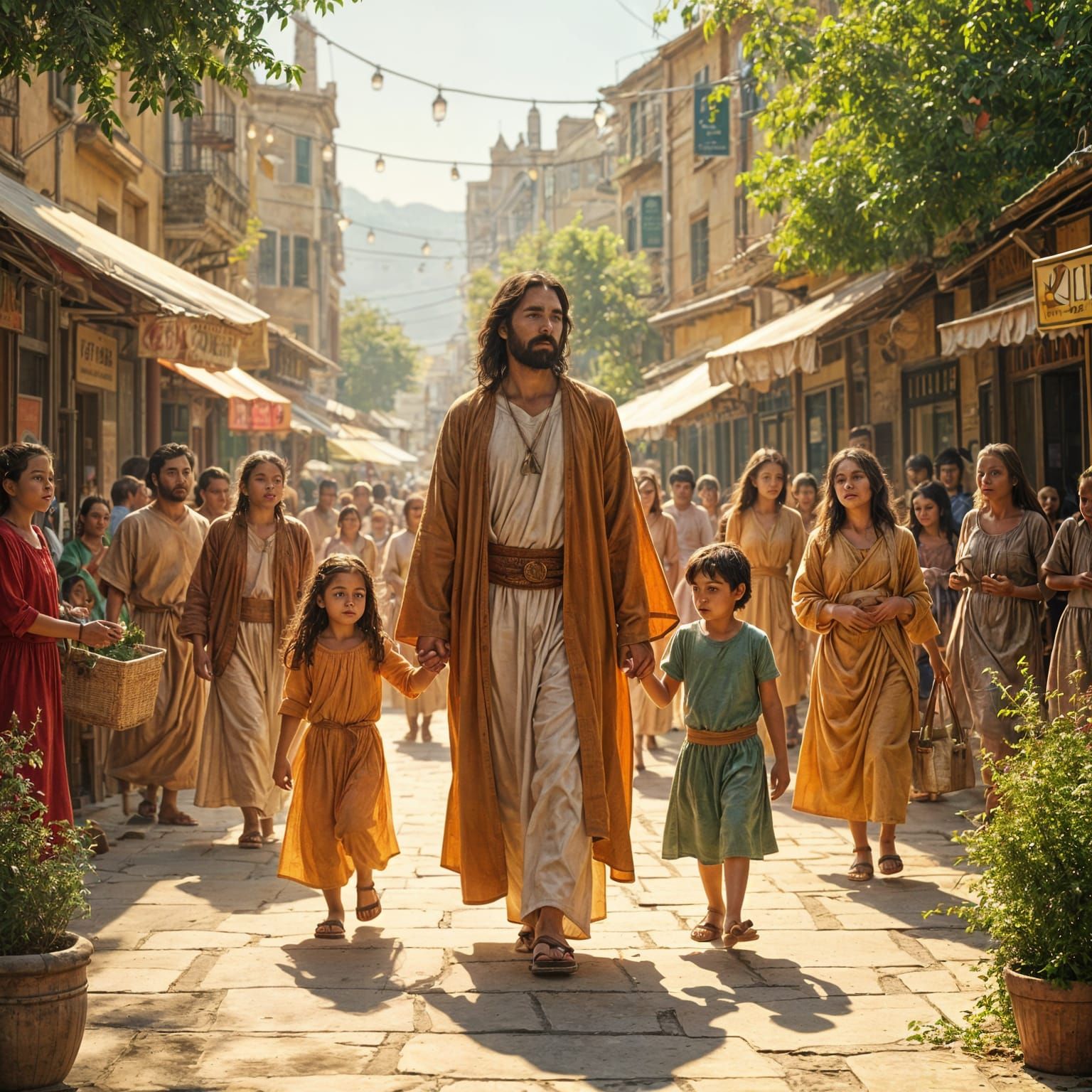 Jesus Christ Walking with Children in Town Center