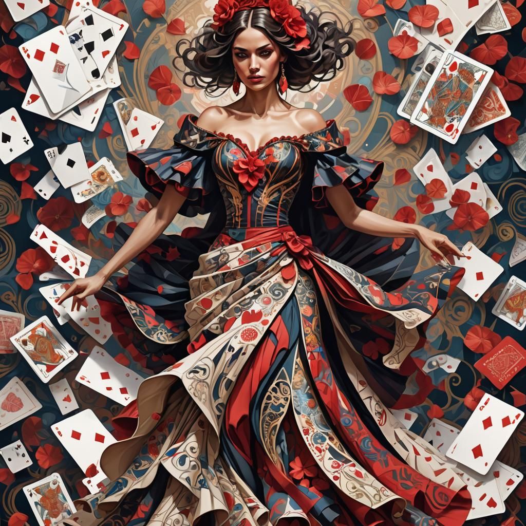 Flamenco Dancer in Playing Card Dress: Art Nouveau Portrait