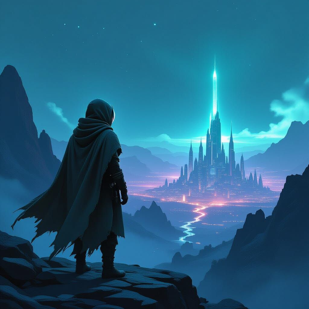 Astronaut on Alien Planet Gazing at Cityscape