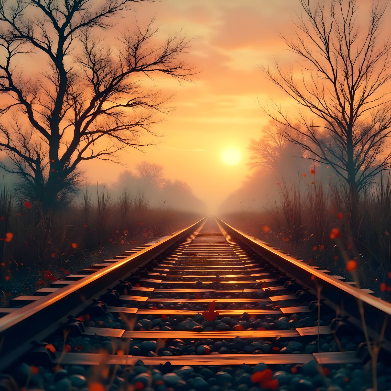 Serene Sunrise Over Railroad Tracks in a Cyberpunk Aesthetic