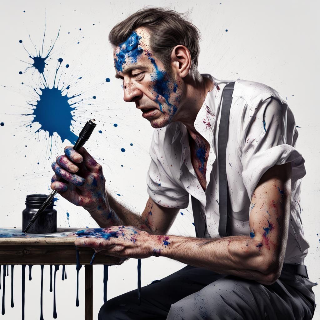 Humorous Ink-splattered Man with Broken Pen