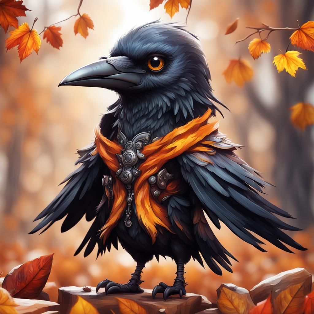 Fall Fashion Chibi Crow in Oil Painted Airbrush