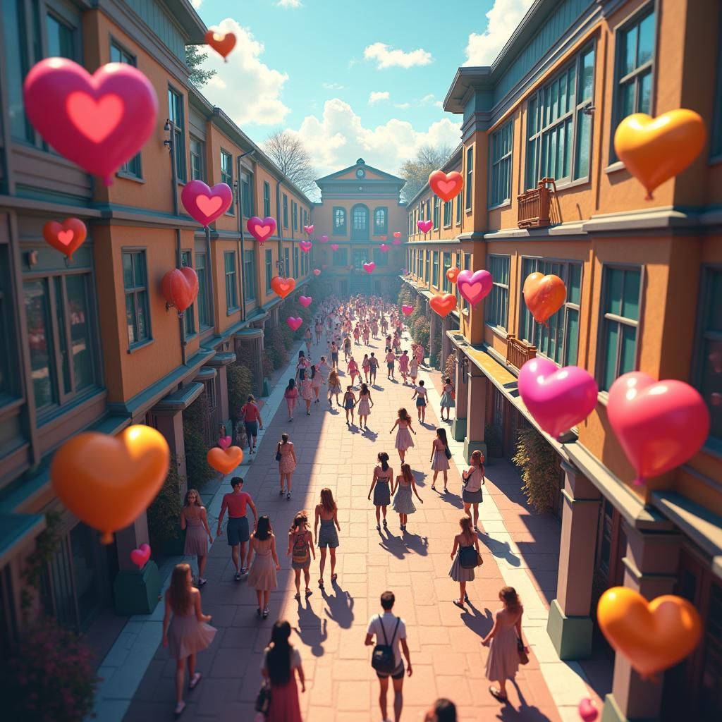 Dreamlike Aerial View of Vibrant High School in Digital Art