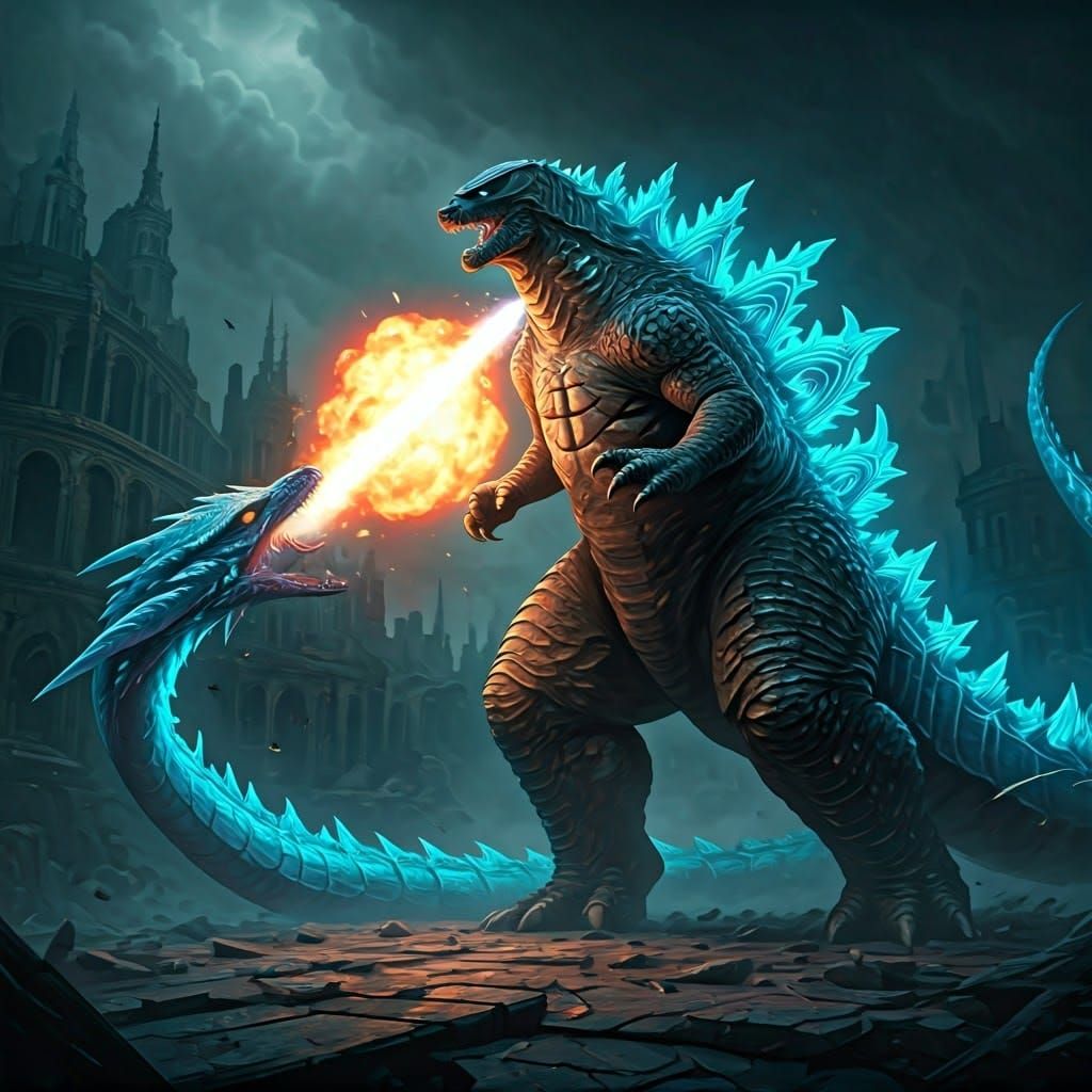 Godzilla vs Iridescent Dragon in Futuristic Metropolis
