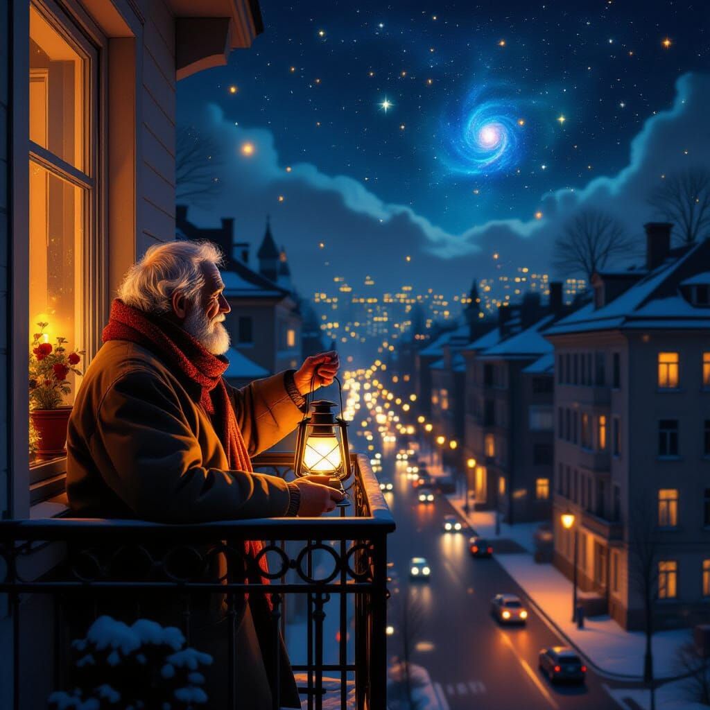 Elderly Man with Lantern in Holographic Astral Illustration