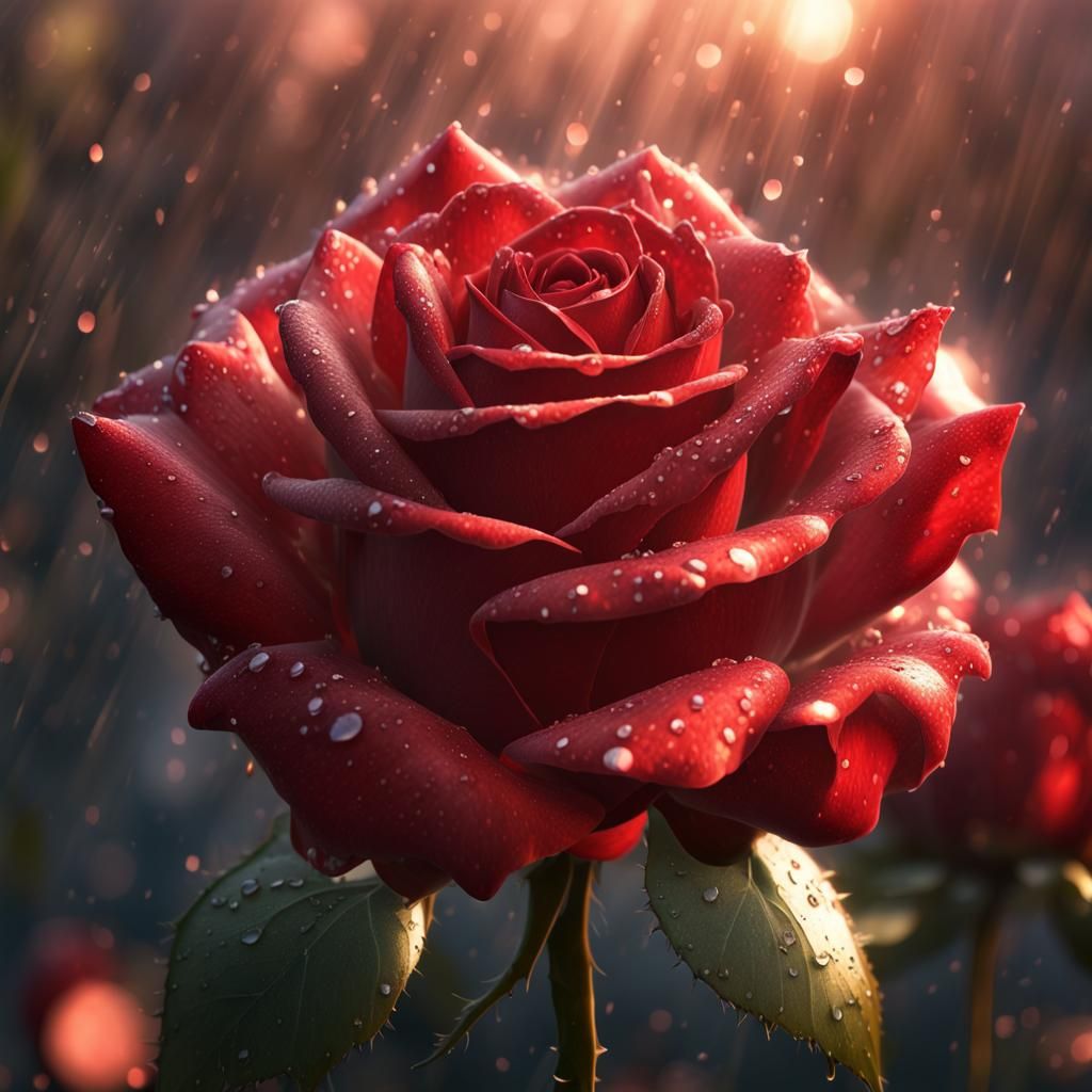 Red Rose with Dew: Detailed Matte Painting