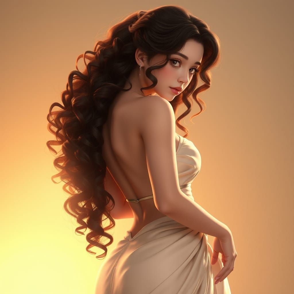 Elegant Woman in Flowing Gown: Anime-Inspired 3D Art