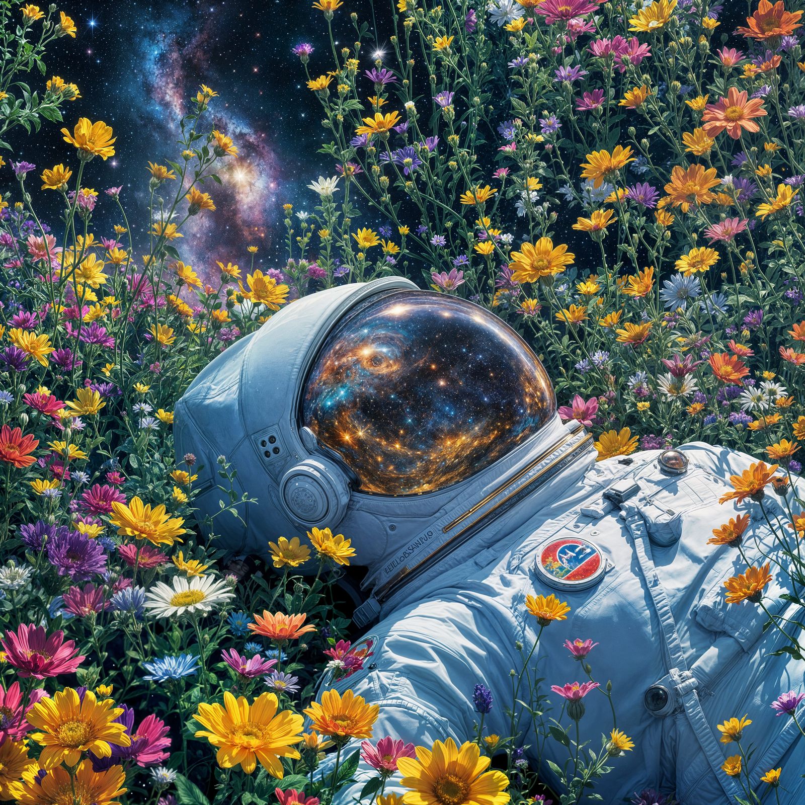 Astronaut in Flower Garden Reflecting the Universe