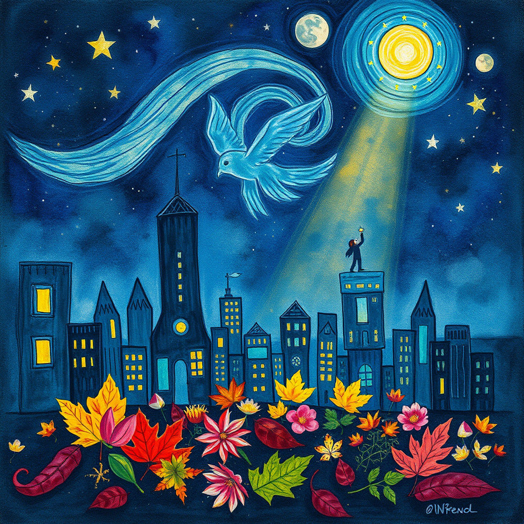 Whimsical Crayon Cityscape Under Cosmic Skies