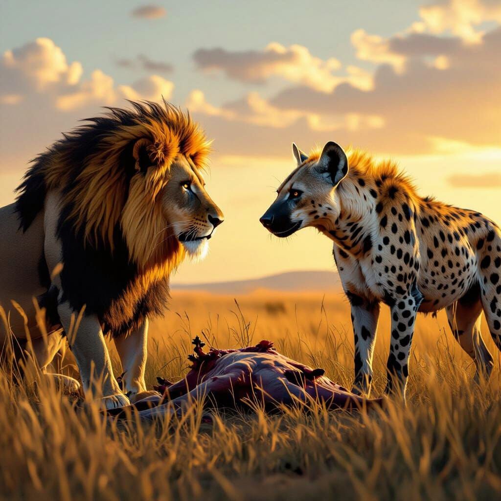 Lion and Hyena Standoff on Savannah