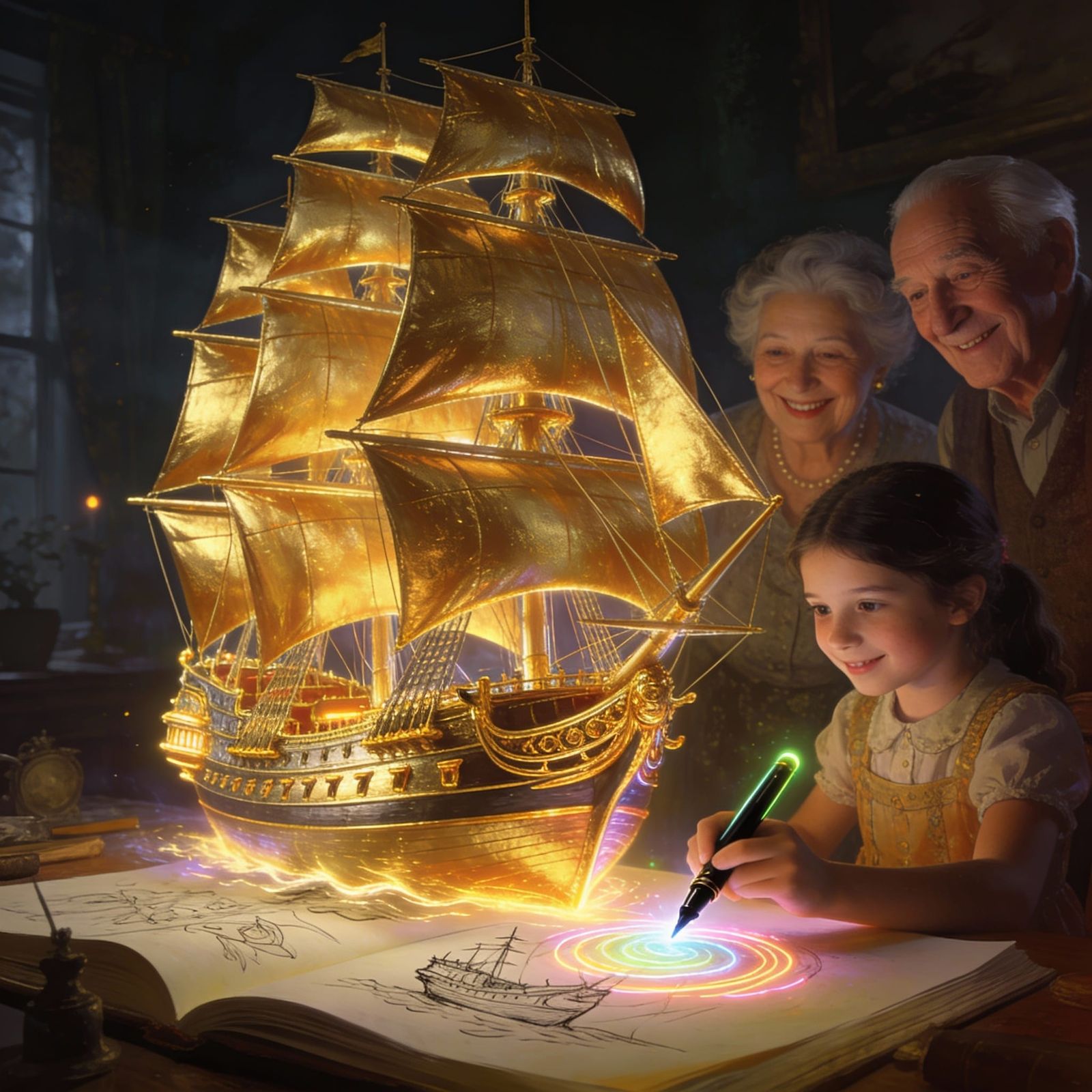 Girl Draws Majestic Golden Ship with Neon Pen