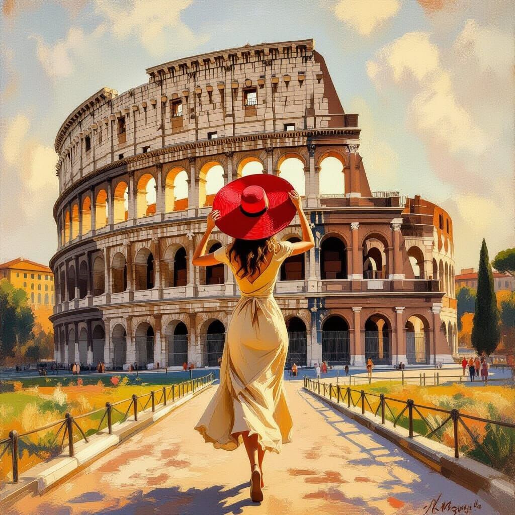 Woman in Red Hat Walks by Colosseum in Warm Sunlight