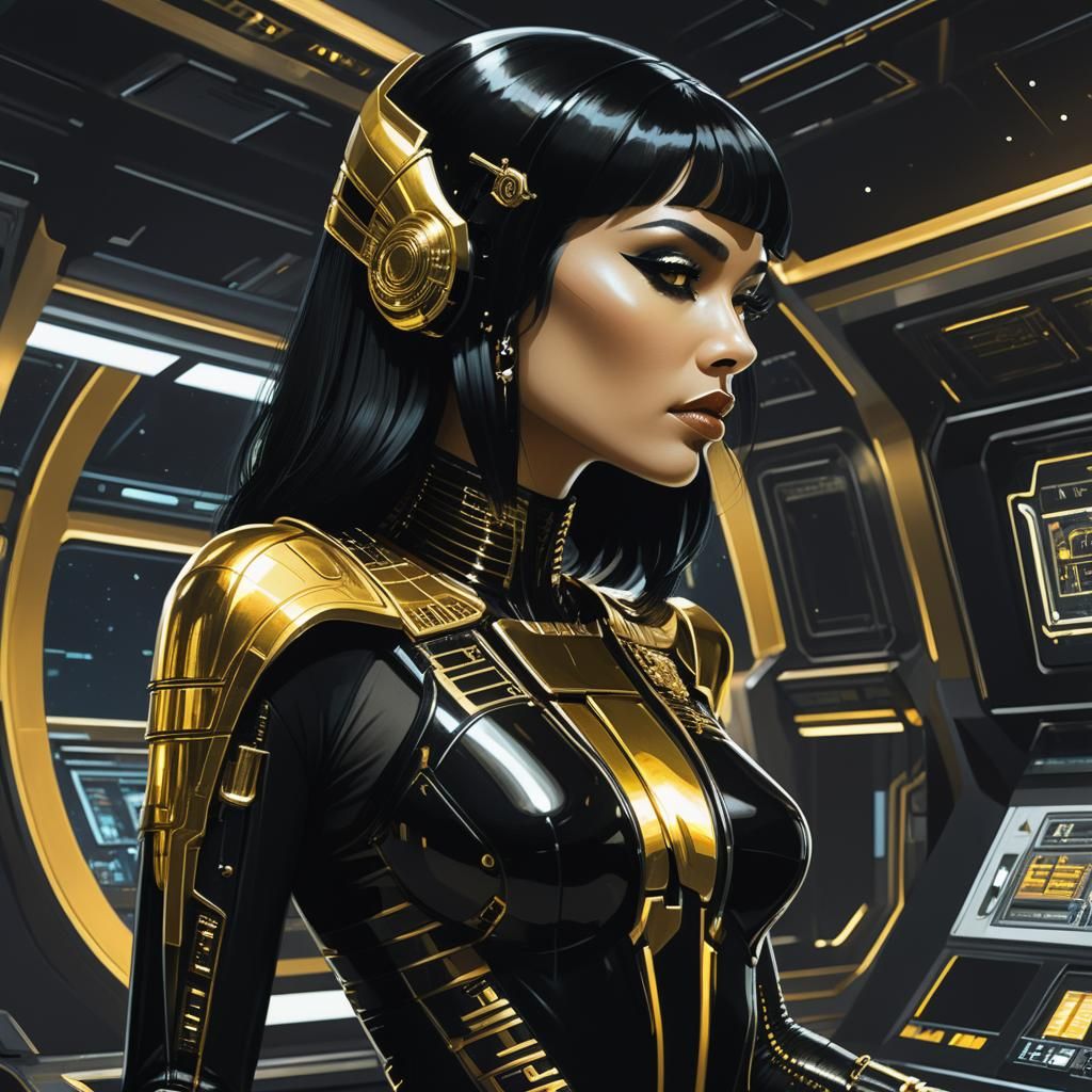 Cleopatra in Cyberpunk Control Room Sci-Fi Illustration