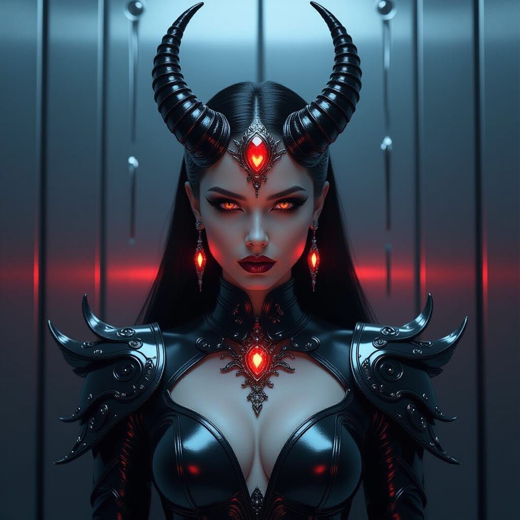 Chrome Demon Queen with Red Gemstones in Hyperreal Style
