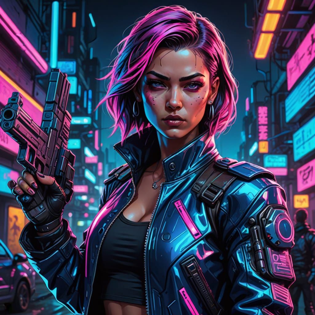 Cyberpunk Woman with Machine Gun in Cartoon Style