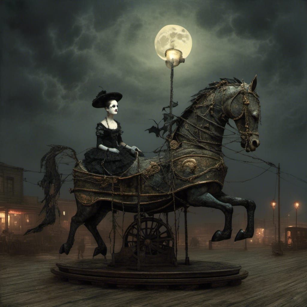 Surreal Woman Rides Broken Carousel Horse