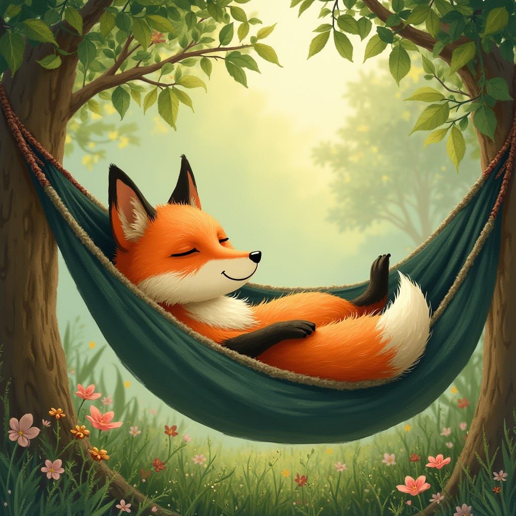 Fox in Hammock: Whimsical Illustration