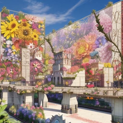 Photorealistic 3D Tower in Maximalist Flower Garden