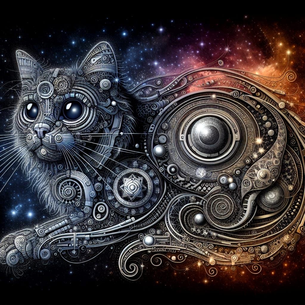 Baroque Techno-Celestial Cat in Sci-Fi Style