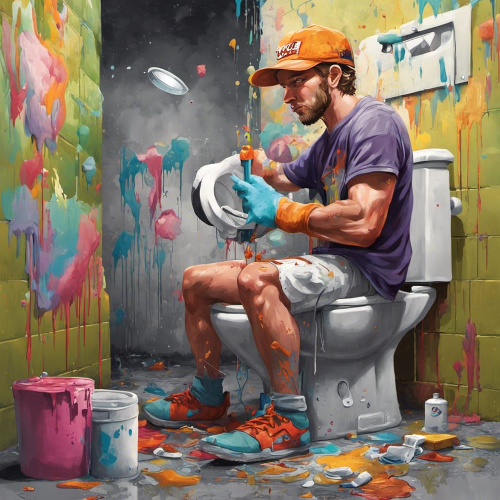 Person Cleans Toilet in Graffiti Art Style