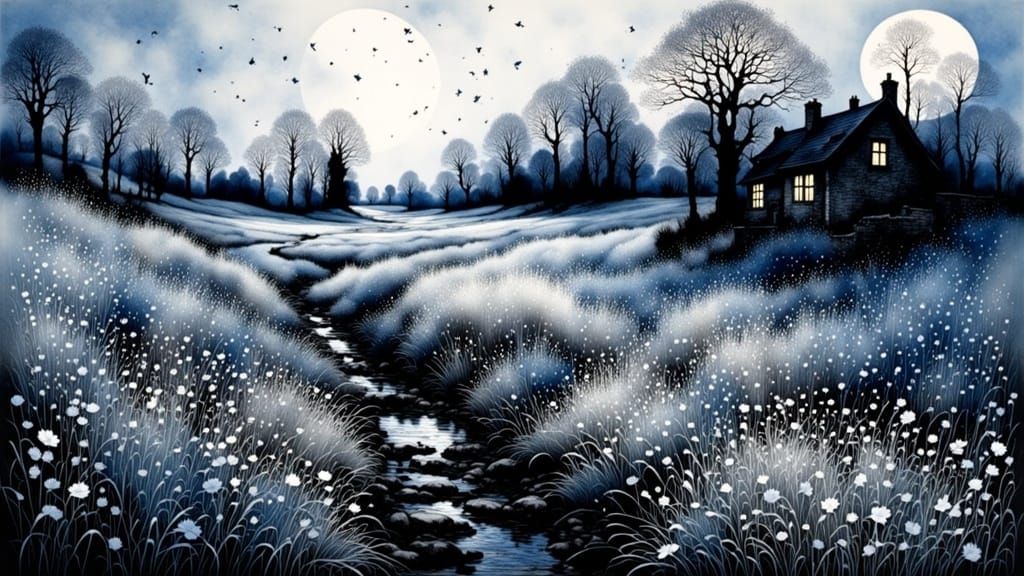 Autumn Leaves Fall: Blue Ink Drawing