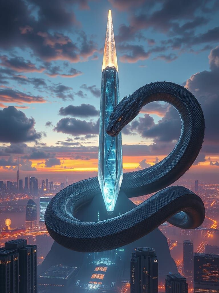 Ancient Serpent Coiled on Futuristic Spire at Twilight