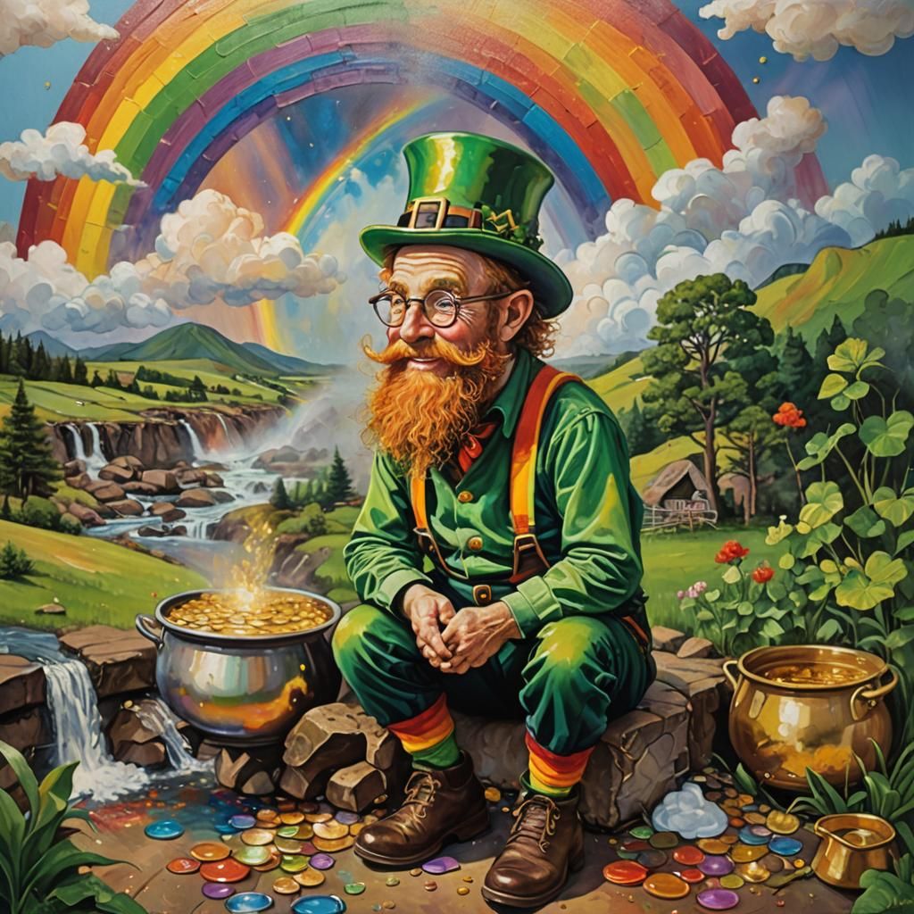 Leprechaun and Pot of Gold: Vibrant Oil Painting
