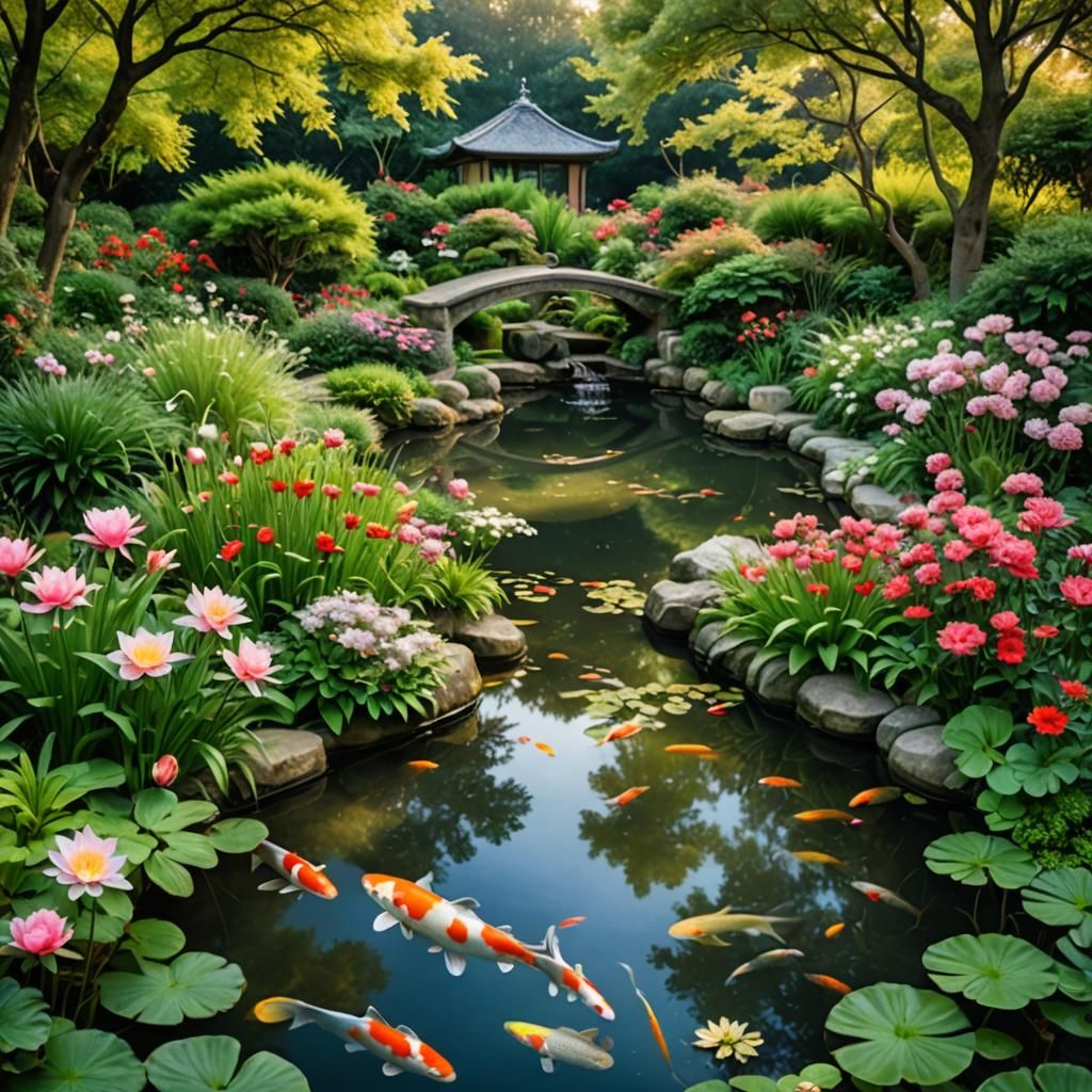 Garden at Dawn with Koi Pond in Impressionist Style