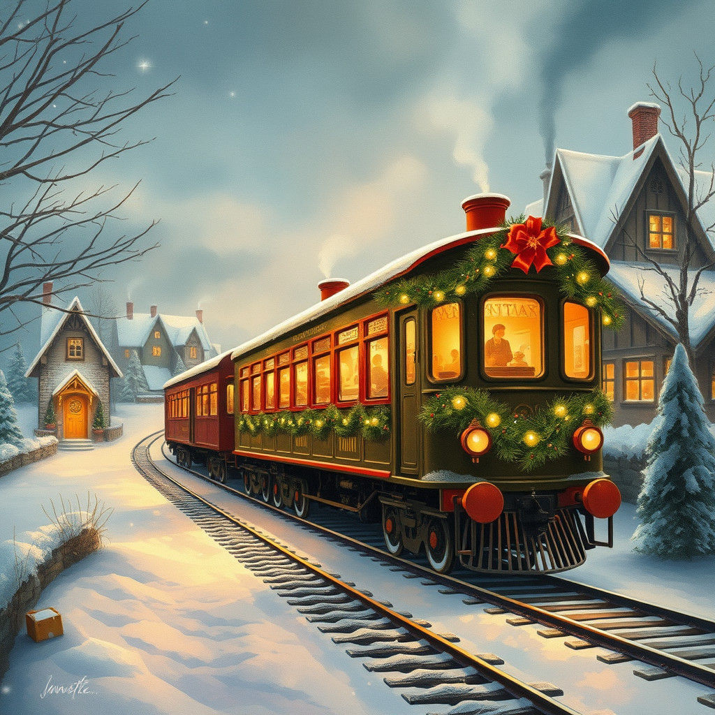 Whimsical Christmas Train in Watercolor Style