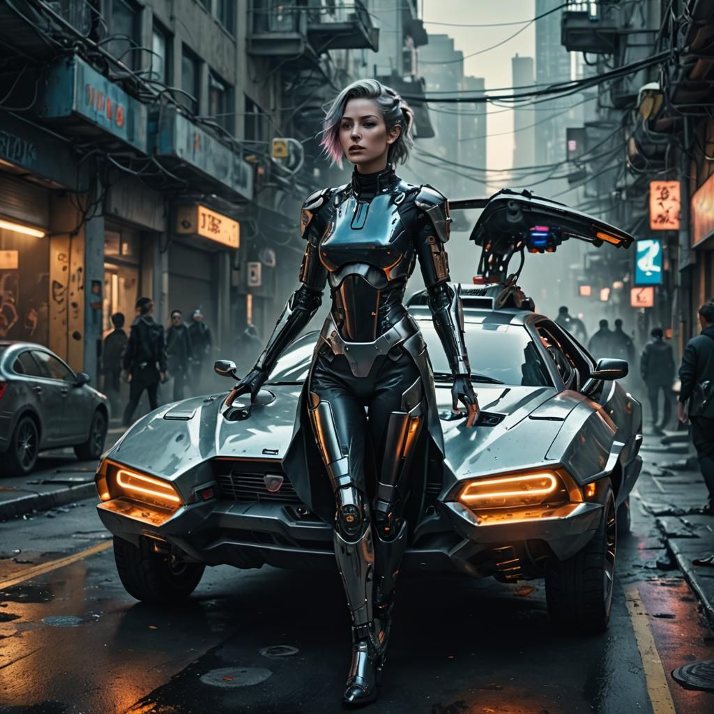 Cyberpunk Cyborg Emerges From Hover Car in Sfumato