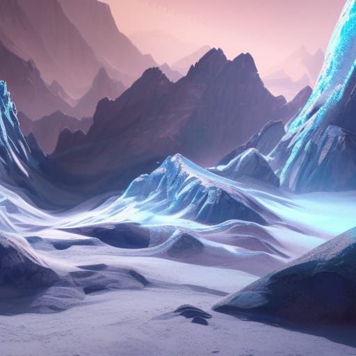 Mountainscape on icy Neptune, cosmonaut in foreground