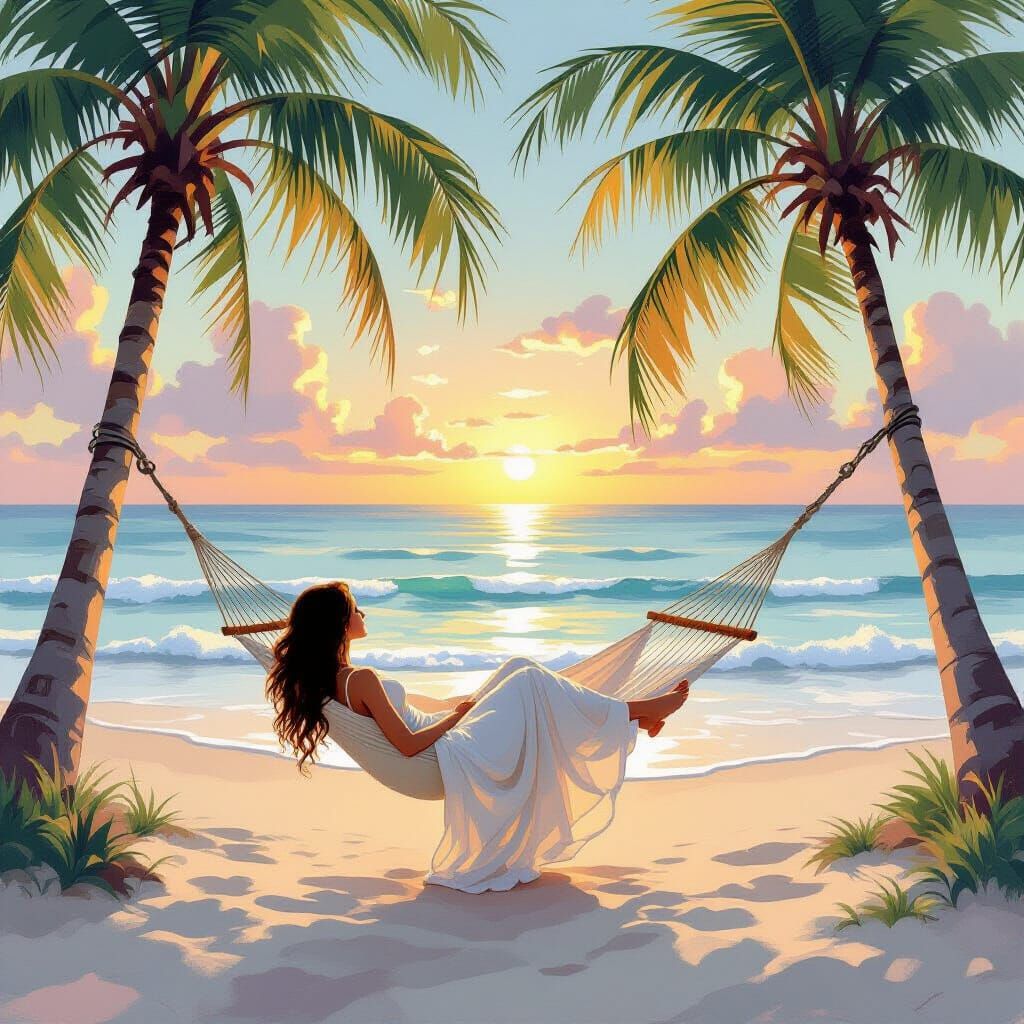 Surreal Beach Hammock at Dawn, Impressionistic Style