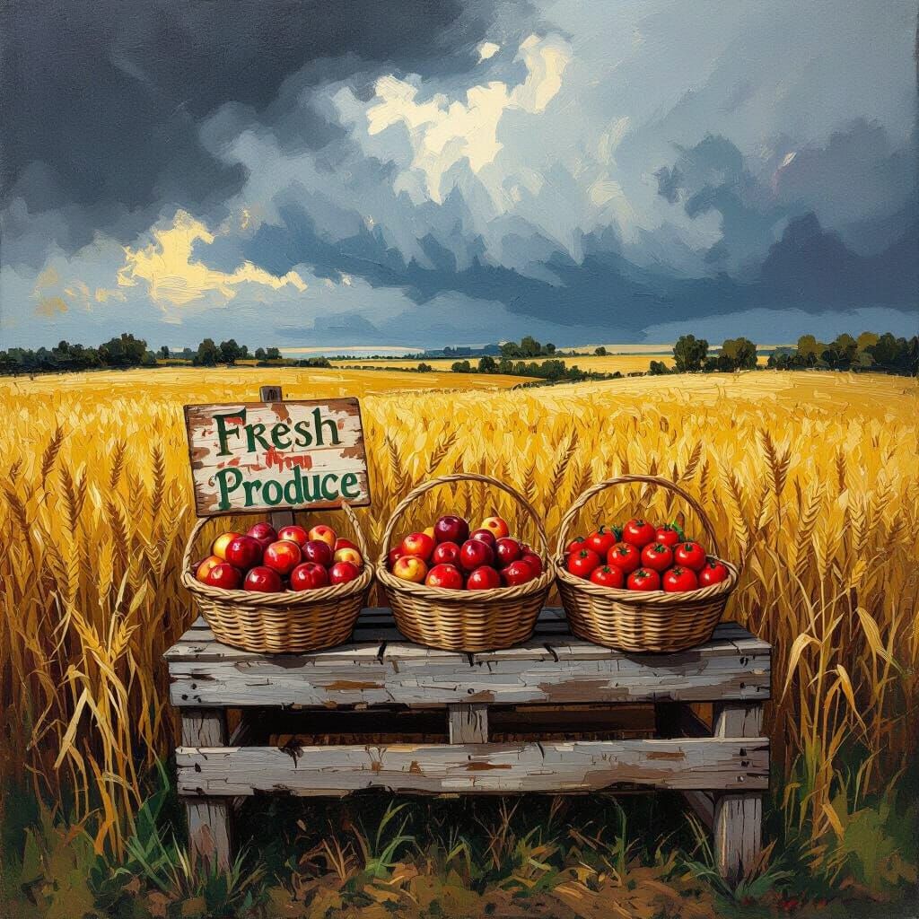 Farmstand in Golden Field Under Stormy Sky, Impasto Style