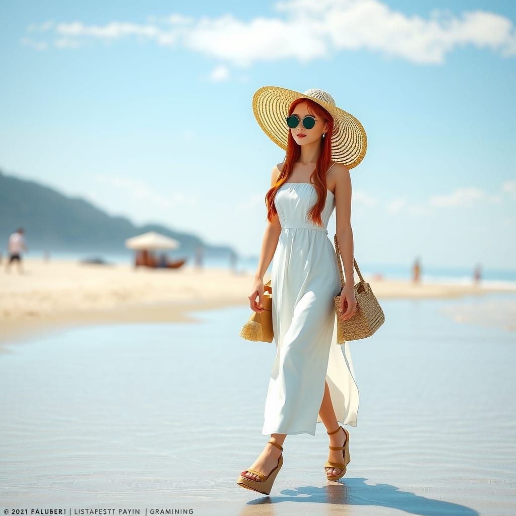 Japanese Woman Strolls Peacefully on the Beach in a Summer M...