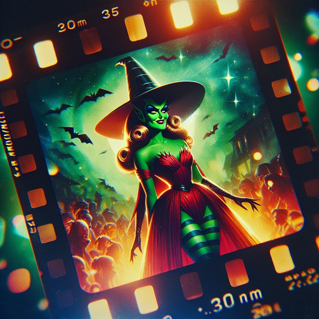 Green Witch Film Still in Red Dress