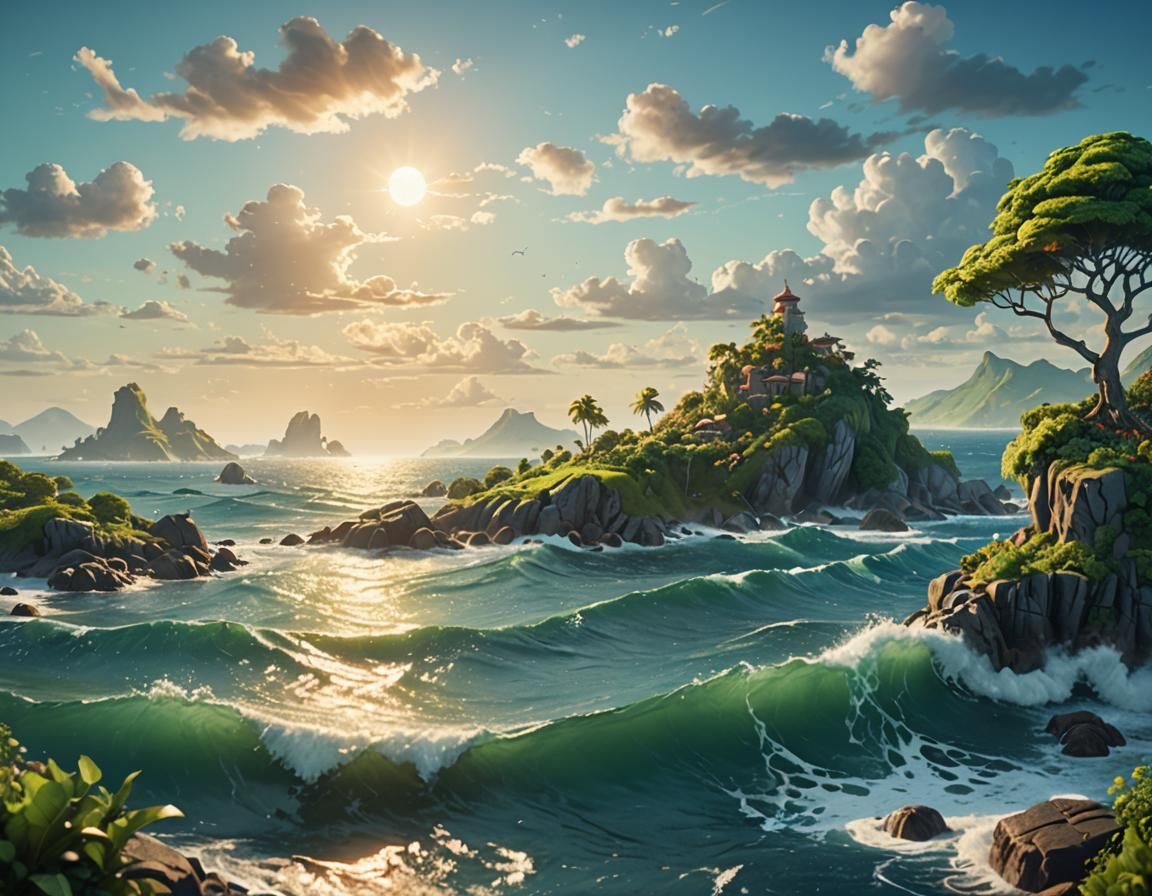 Island Paradise in Golden Hour, Trending Artstation-Style Co...
