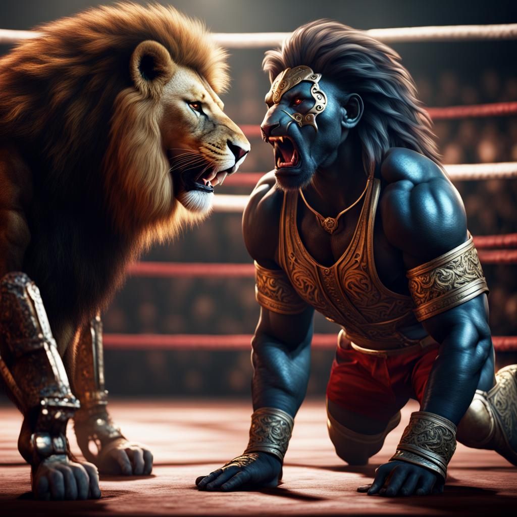 Lion Wrestler in Detailed Matte Painting Style