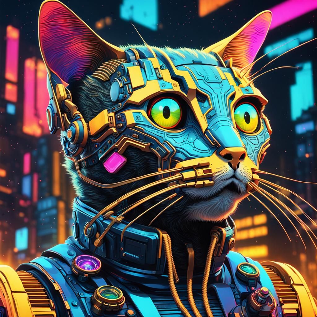 Futuristic Android Cat in Raypunk-Clockpunk Style