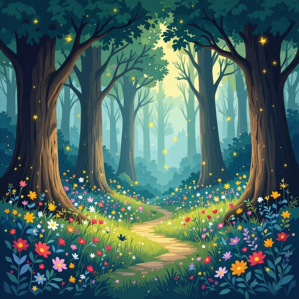 Whimsical Forest Landscape in Children's Book Style