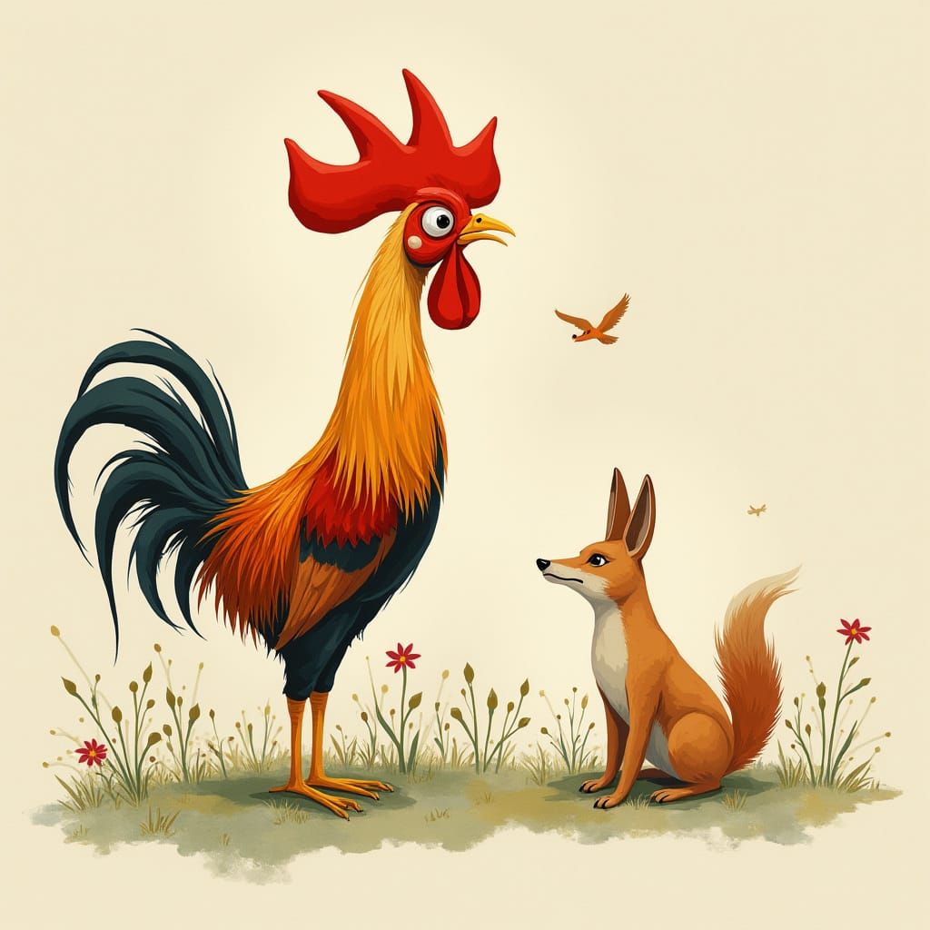 Rooster and Coyote Friends in Expressive Watercolor Style
