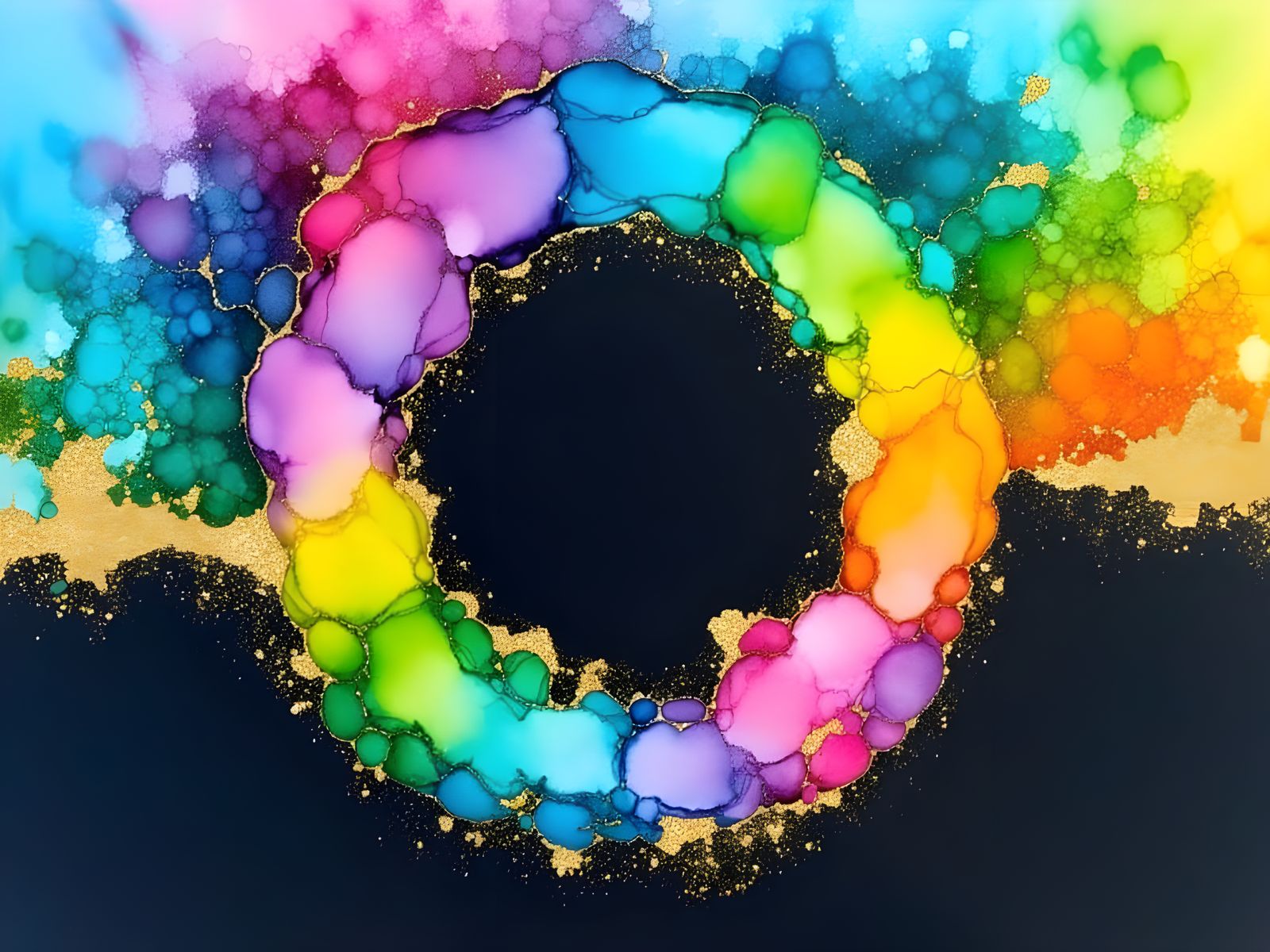 Vibrant Alcohol Inks Swirl on Black Paper