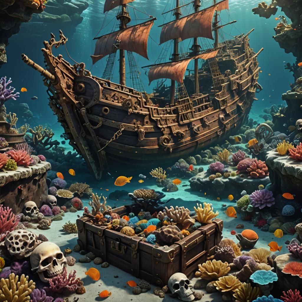Sunken Galleon Treasure in Coral Reef: Detailed Matte Painti...